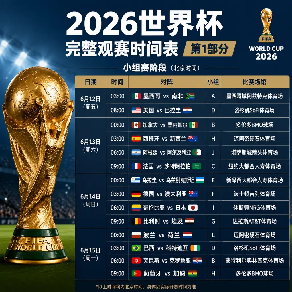 2026世界杯完整观赛时间表