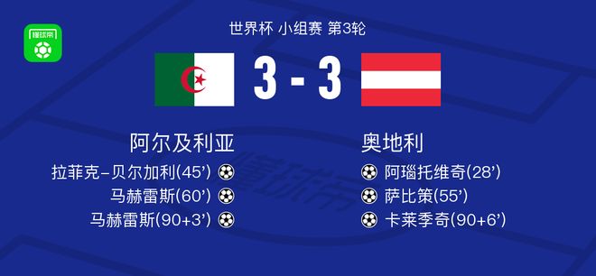 阿尔及利亚3-2奥地利携手出线，补时前后掀起进球高潮
